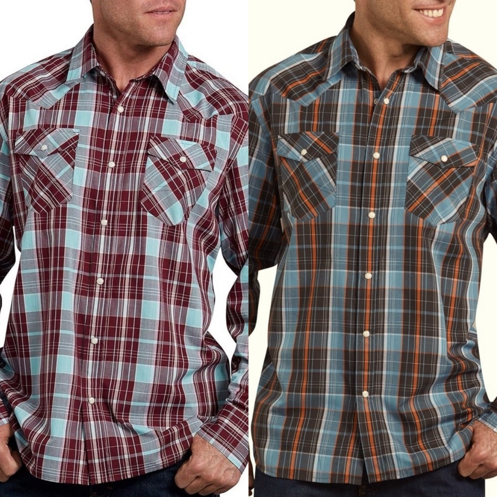 Dickies Set of 2 Mens Plaid Western Cowboy Rodeo Pearl Snap Button Up Shirts